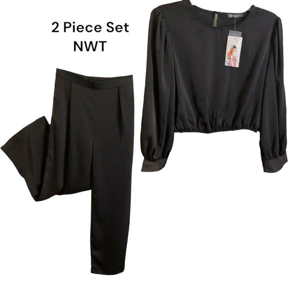 Pretty Garden 2pc Set Size M Crop Satin Soft Top Black Wide Leg Pants High Waist - Picture 1 of 15
